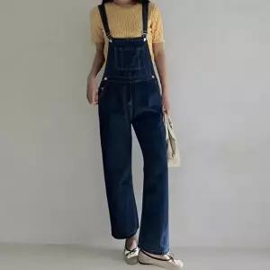 [옷자락]여성 키치 무드 청바지 멜빵 오버롤 스트레이트 팬츠