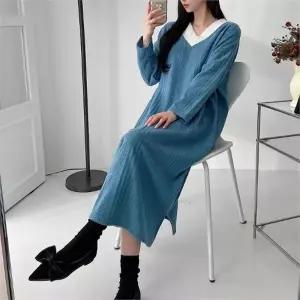 빅사이즈 212 니트브이넥배색원피스 DGLN728