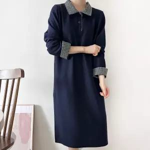 여자 배색 체크 카라넥 버튼 박시핏 네이비 롱원피스