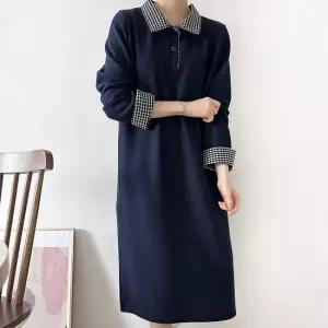 여자 배색 체크 카라넥 버튼 박시핏 네이비 롱원피스