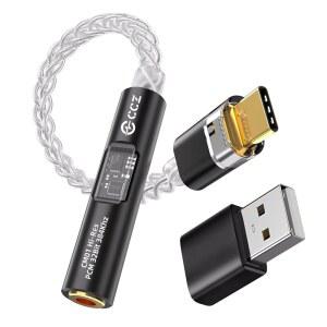 USB C to 3.5mm 오디오 헤드폰 어댑터, CX31993 MAX97220 듀얼 칩 동글 Hi-Res DAC, USB-A 및 타입 C/USB-C Aux CCZ CM01 8가닥 싱글 크리스탈 구리 실버 도금 IEM 케이블 (블랙)