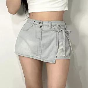 여자 여성 숏팬츠 치마바지 리본 워싱 스커트 유니크] 연청 면 [미니 랩 반바지 언발