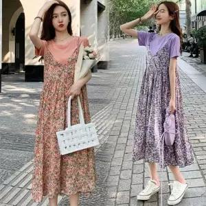 여름 치마 퍼프 뷔스티에 로맨틱 롱원피스 원피스 면혼방 빅사이즈 원피스 플라워 은