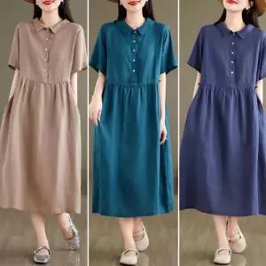 버튼 빅사이즈 루즈핏 면혼방 반팔 여름 컬러풀 웨이스트 퍼프 롱원피스 원피스 롱 치