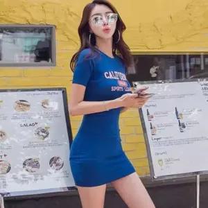 여성 슬림핏 반팔 면원피스 미니 원피스 캘리포니아