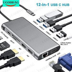 타입 C 허브 타입-C to 12 HDMI 호환 4K VGA 어댑터 RJ45 랜 이더넷 SD TF PD USB-C 3.0 3.5mm 오디오마이
