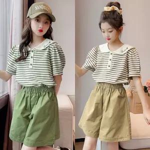 여아 주니어 카라 스트라이프 여름 반바지 세트