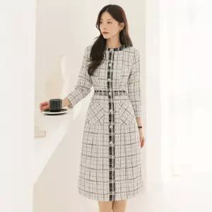 [시크라인] (~XXL까지) 코렐린 트위드 배색컬러 실버 버튼 원피스 가을 하객룩 오피스룩 모임룩 격식룩 빅사이즈