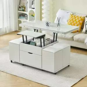 업 좌식 확장형 화이트 원목 테이블 리프트업 다용도 스툴 세트 식탁 커피