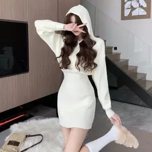 [하프클럽/]골지 후드 캐주얼 니트 미니 원피스