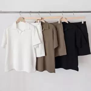 [하프클럽/]여성 오픈카라 반팔티와 밴딩 반바지 세트 여름용