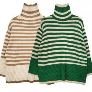 니트목티 터틀넥 스트라이프 폴라니트 여성용 두