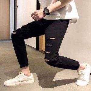 남자 찢어진 블랙진 바지 스트레이트 남성 여행