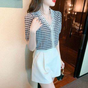 깅엄 V라인 레이디스 탑 하절기 일상템하프티 티셔츠 와이셔츠 비침소재 여성 귀여운 출근룩 올데이