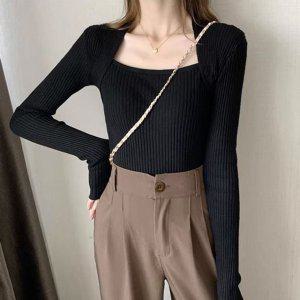 스타일 여자 파이브컬러 타이트 바디핏 숄더스트랩 립니트탑