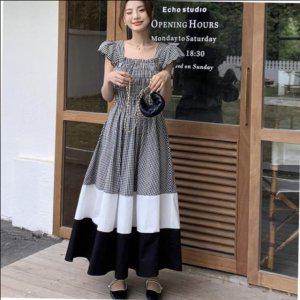 플래드 레이디스 프린트 투톤 포인트컬러 스모크 스트랩베스트 미니드레스 스위트 로맨틱 쿨