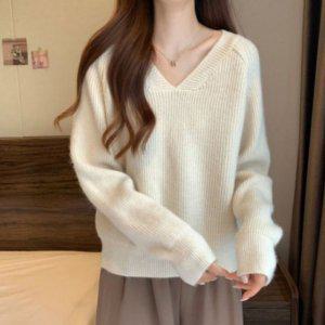 브이컷 스테디 여자 니트탑 레귤러핏레이디 세로패턴 긴소매 티