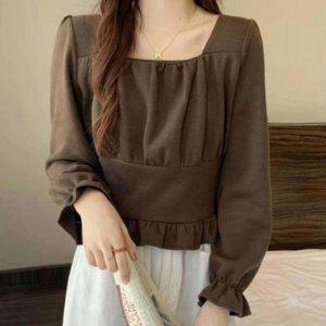 스퀘어칼라 밑부분 모던 프릴레이스 주름 하이라이트 롱티 드레스셔츠 여자 와이셔츠우먼 폴로카라 리본디