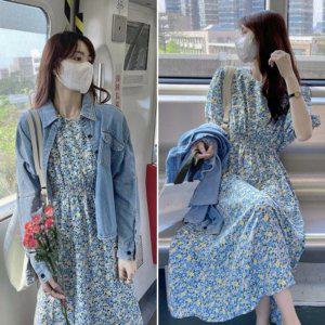 시즌 우먼 플라워원피스 단아한 예쁜허리밴딩 비치룩