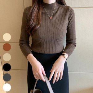 쫀쫀한 스트라이프짜임 세미터틀 니트웨어 캐주얼 반폴라레이디 롱셔츠 탑