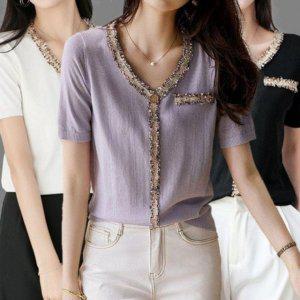 걸스 여름 썸머이쁜 하프티 브이칼라 뜨개탑 반팔티 니트셔츠 컴포트 여름반팔 여성반팔 브이넥반팔