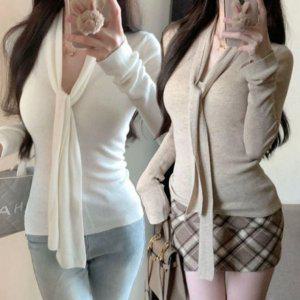 시즌 여자스카프 타이 브이라인 디테일 핏감좋은 롱셔츠 티탑 가벼운 니트탑 크루넥 가을철 겨울철 립