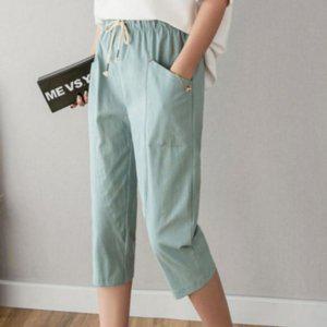 여성용 S/S 칠부 데일리 코튼린넨 밴드라인 걸 면소재 의류 트라우저팬츠 여름철 큰사이즈