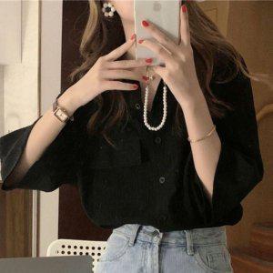 여자 춘절기 여름철 칠부 스타일 와이드핏 포켓디테일 와이셔츠 블랙톤 드레스셔츠 셔츠블라우스 숏슬리브