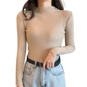 여자 세미터틀 폴라넥티 트렌디 스트라이프짜임 롱슬리브 티탑 세미터틀스키니핏 CLBG1091