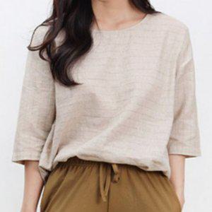 우먼 여자 반소매 와이셔츠 남방 클래식탑 쿨시즌 스탠다드 베이직핏 일상 데일리 크루넥 일상 베이직 빅핏