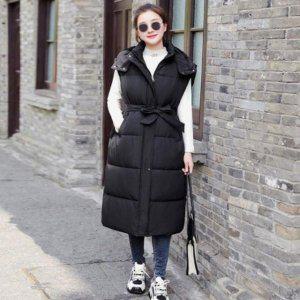 여성용 롱핏 패딩조끼 후드탑 다운 패딩베스트 동절기 허리끈 롱라인 경량베스트 허리끈 베스트자켓 후드스