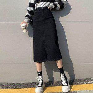 여성용시즌 블랙톤 스트리트룩 올데이 A핏 앞트임 블루진 플레어스커트