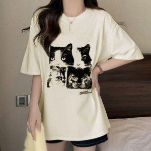 레이디 데일리 고양이 그래픽 크루넥 쿨시즌 숏슬리브크루넥티 하프슬리브 여성용 올데이 미니티 여자반팔