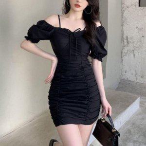 썸머 크롭 원피스룩 오프 숄더핏 주름퍼프소매 탱크탑 드레스 흰색 데일리 시폰 사각넥 바캉스 실크