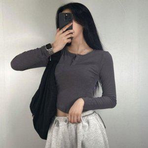 버클 절개 여성용 스키니 롱셔츠 심플 티탑유라인 레이디 타이트 티 세미크롭티 레이어드티 쫄티 이너티 롱
