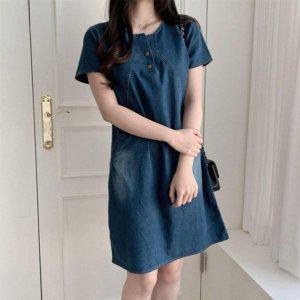 반소매 블루진 원피스룩걸스 라이트룩 중청 미디 치마 여름철 드레스 봄원피스 스커트 시즌 청치마 미니사