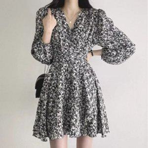 여성용 예쁜 플로럴 플레어실루엣 콤팩트 스타일랩 미니드레스