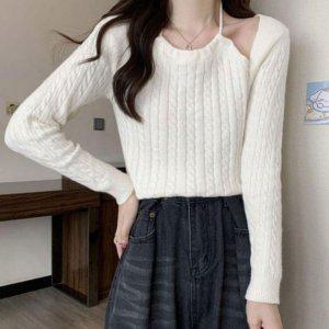 이지웨어 레이디스 홀터넥 볼레로가디건 꽈배기패턴 롱슬리브 풀오버 티 폴로티 박스티줄무늬 스테디 솔리