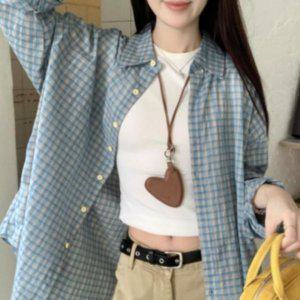 여성용 데일리 예쁜 장팔 데일리룩 블루체크패턴 루즈실루엣 와이셔츠 드레스셔츠