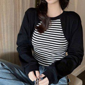 일상 우먼 데일리 숏재킷 민소매 일체 스타일 긴소매 크루넥티 여성용 스웨트 라운드넥티 카라셔츠박스티