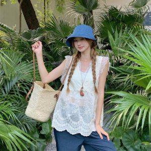 올데이 소매없음 망사 엠보 레이어링드레스셔츠 LL T190