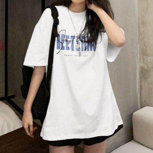 여성용 그래픽프린트 썸머 걸 여유핏 하프티 티셔츠 남방 흰 색 크루넥티 반소매티 베이직 언더레이어 세련