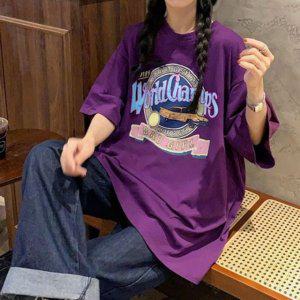 로고프린트 로고프린트 여자 S/S 라운드넥하프티 반팔티 트렌디 와이셔츠 퍼플 티 하프슬리브 레이디 일상