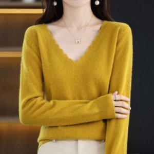 우먼 롱슬리브 브이컷 오텀 스프링 일상용 니트웨어 반팔티 스타일 머스타드 니트스웨터 봄니트 레이디 브