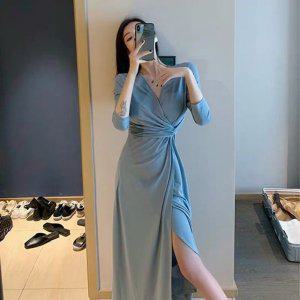 걸스 트렌디 소라랩디자인 브이칼라 라인디테일 롱기장 롱드레스 OPC013