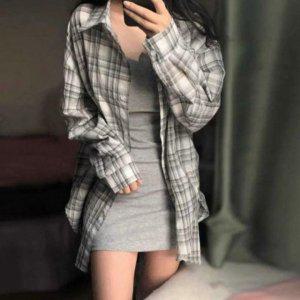 체크패턴 와이드핏롱슬리브 드레스셔츠 자외선 차단 하절기 자켓 여자 루즈실루엣 하의 프리미엄 실종 스타