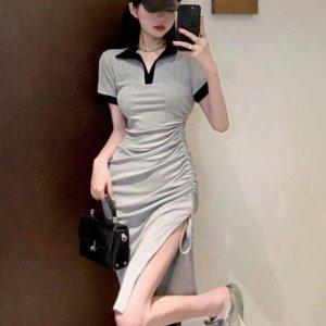 옆트임 프릴 여자 춘절기 썸머 가을철 넥카라 반소매 롱드레스 나그랑소매쇼트 면원피스 미니멀사이즈 유니