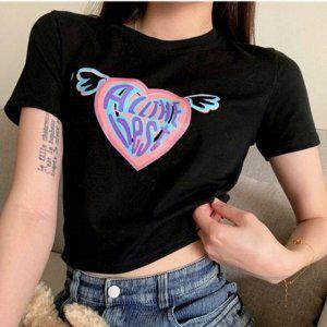 하트 날개 로고프린트 이지 여자 S/S 라운드칼라 숏슬리브 티탑민소매 박스티 쫄티 커플시 밀러룩 네온