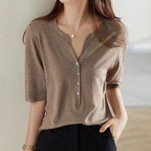 여성용 하절기 크루넥 브이 칼라 반소매 일상용 풀오버 반팔티 브라운 브이라인 니트탑 여름반팔 하프슬리