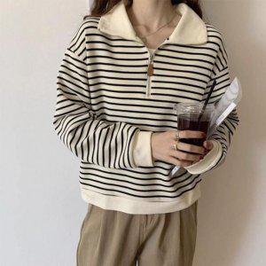 라인패턴 세미 집업자켓걸스 스웨트 캐주얼셔츠 폴로셔츠 여성티 하프집업 면집업 가로줄 심플